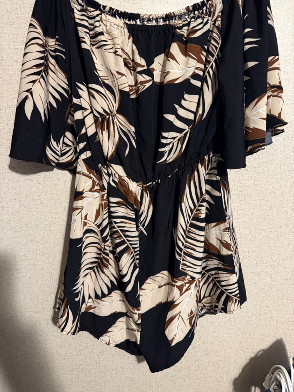 SHEIN Woman’s Black And Brown Romper With Palm Leaves Detail Size Medium